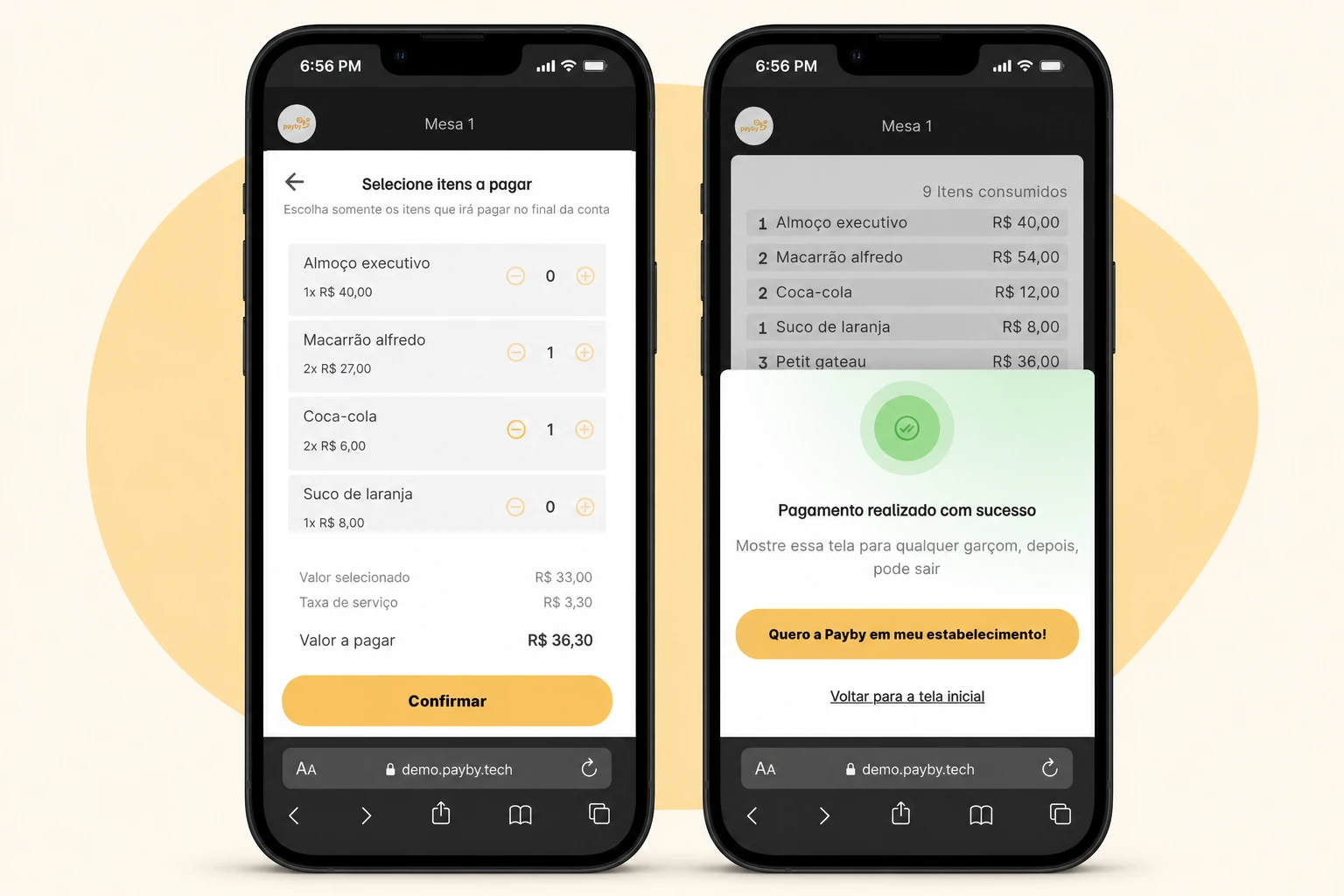 Pagamento Payby na mesa com divisão da conta e confirmação instantânea